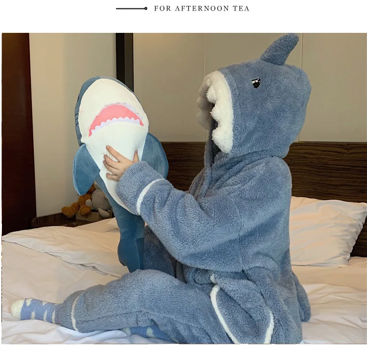 Women Pajamas 2022 Winter Japanese Sweet Temperament Kawaii Style Cute Cartoon Shark Hooded Coral Velvet Home Wear Suit