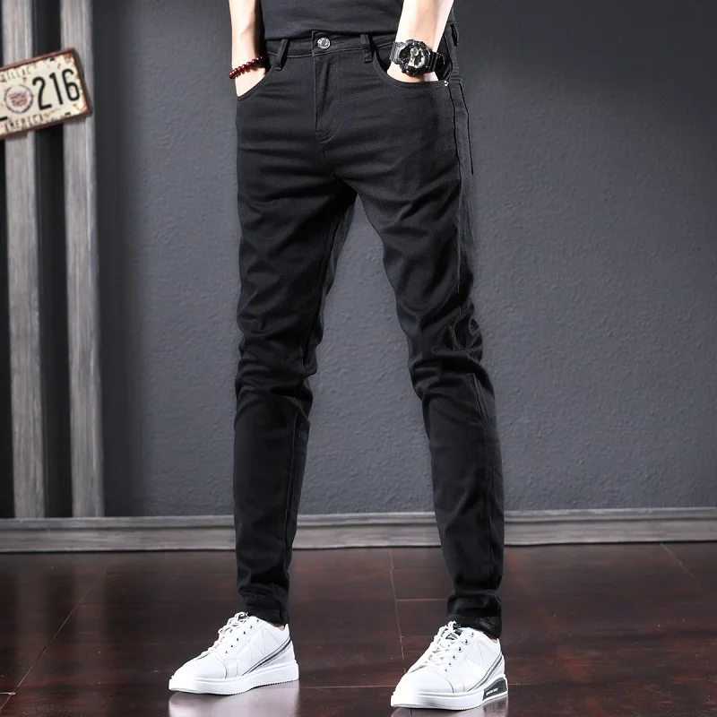 Casual Black Jeans Men Slim Fit Pencil Pants Fashion Streetwear Pure Color Denim Trousers CP2178