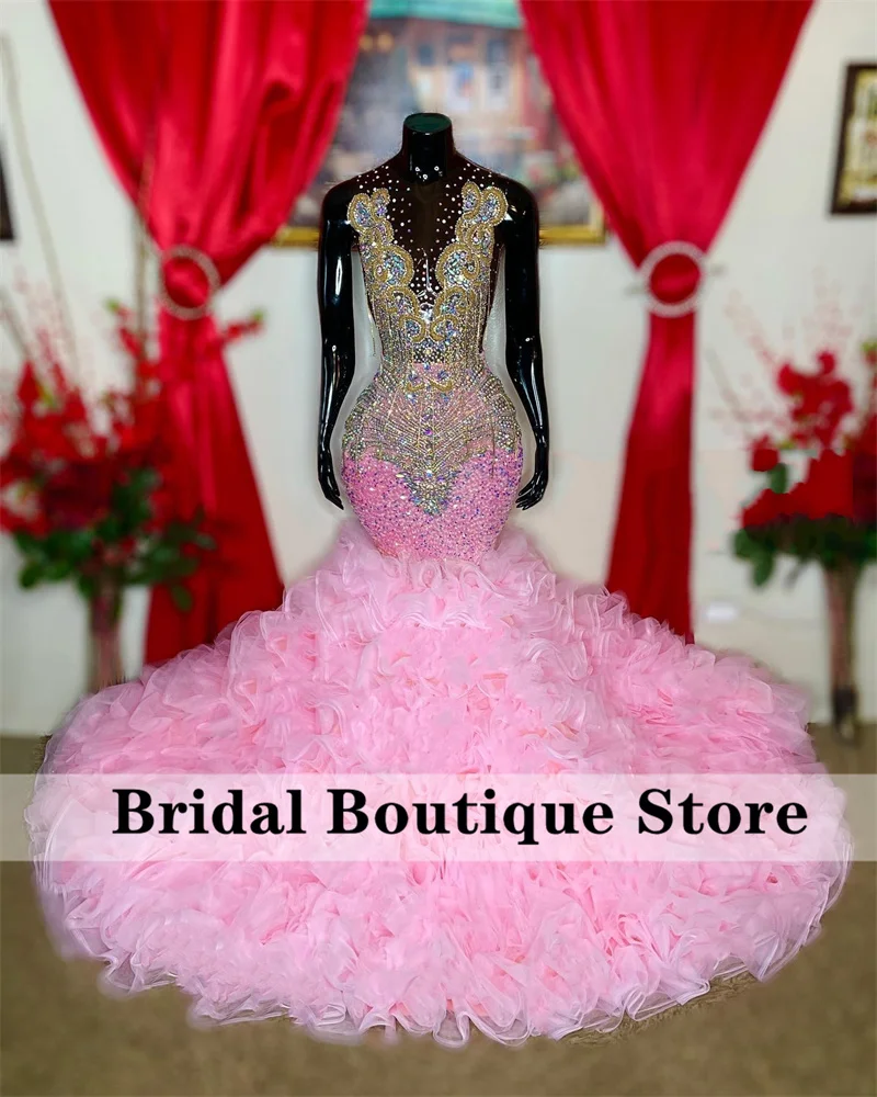 

Sexy Sparkly Pink Mermaid Prom Dress 2023 Sheer Neck Crystal Rhinestone Ruffle Graduation Party Dress Formal Gowns Robe De Bal