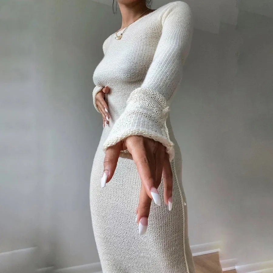 

2022 New Autumn and Winter Solid Color Casual Knitted Rib Dress Long Sleeve Hip Button Waistband Fashion Women's Dress