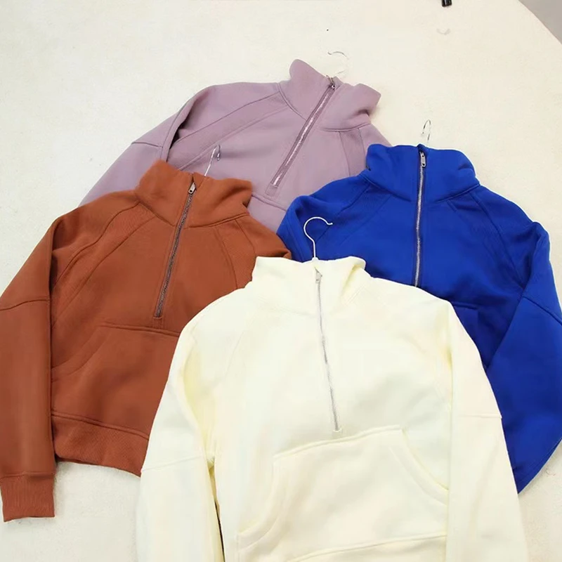 Lulu Scuba Autumn and Winter Fleece Half Zipper Thickened Warm Training Sports Gym Outdoor Short Running Sports Yoga Jacket