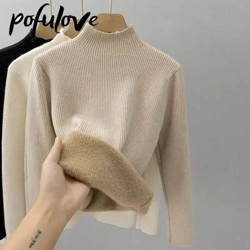 

Winter Plush and Thickened Sweater for Women Half Turtleneck Pullover Warmth Sweater Velvet Layering Knitwear Top 2023