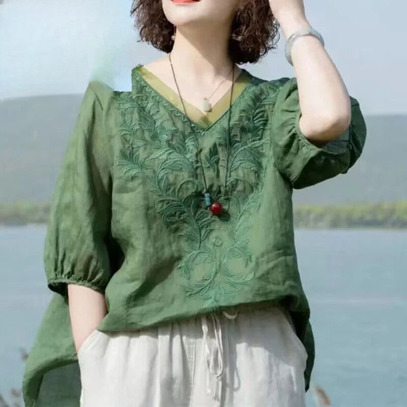 Женская льняная футболка с вышивкой повседневный Свободный Топ коротким рукавом