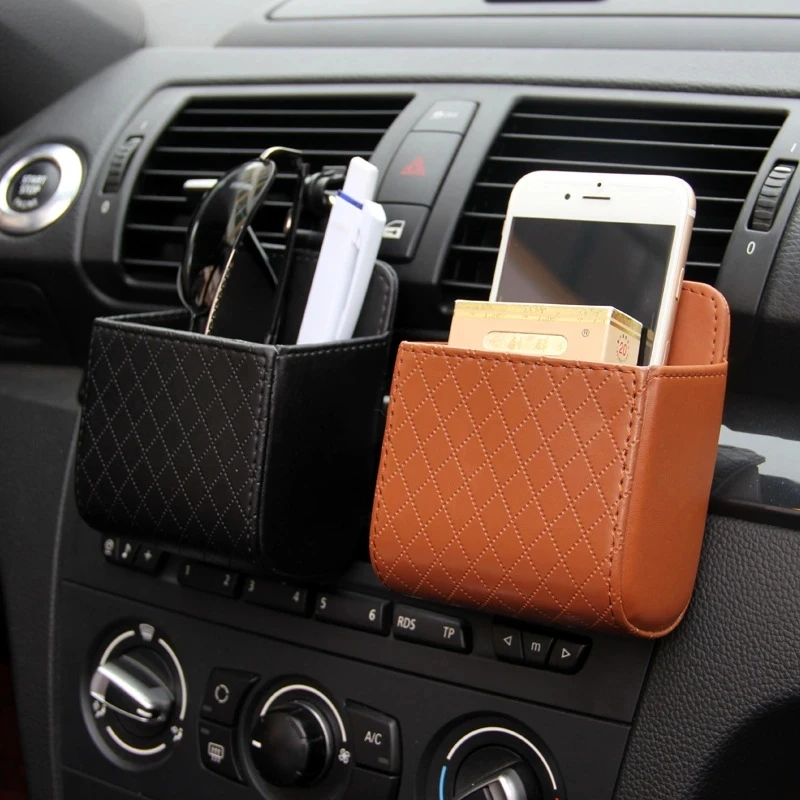 

Car Storage Bag Air Vent Dashboard Tidy Hanging Leather Organizer Box Glasses Phone Holder Storage Organizer Car Accessories