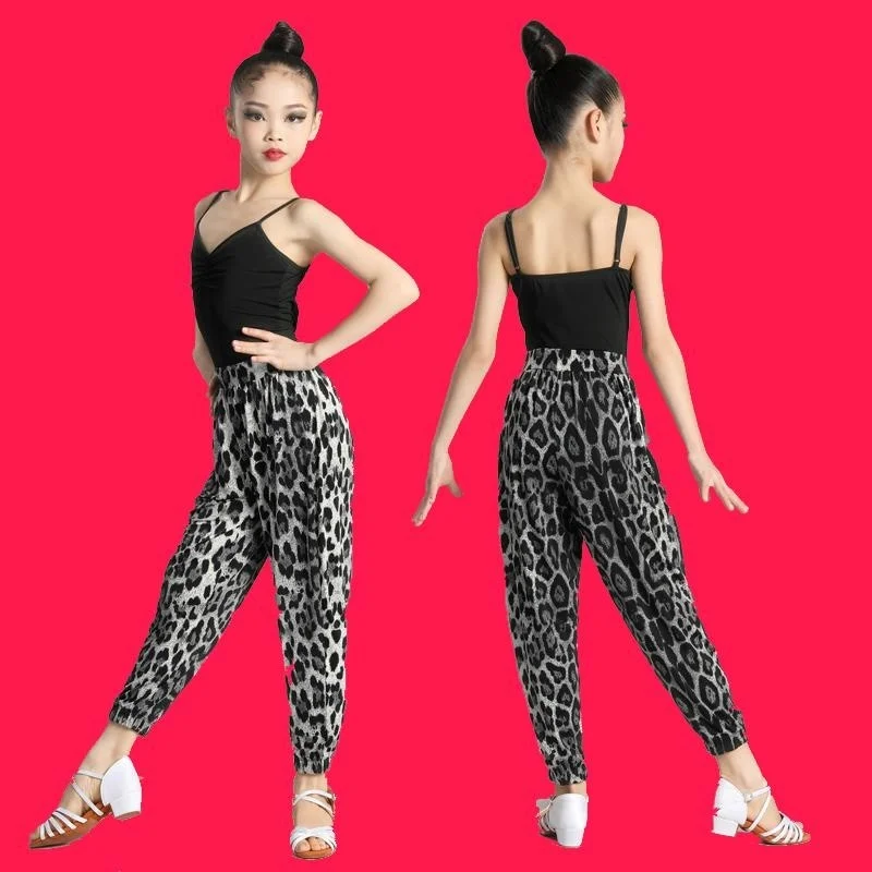 

2023 Latin Dance Dresses Ballroom Suits Vest And Leopard Print Pants Salsa Samba Costume Kids Children Girls Height 120 -170cm