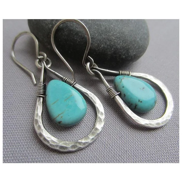 

Bohemia Turquoise Earrings Silver Color Water Drop Hoop Earrings Women Female Party Earring Fashion Jewelry Accessories Gifts