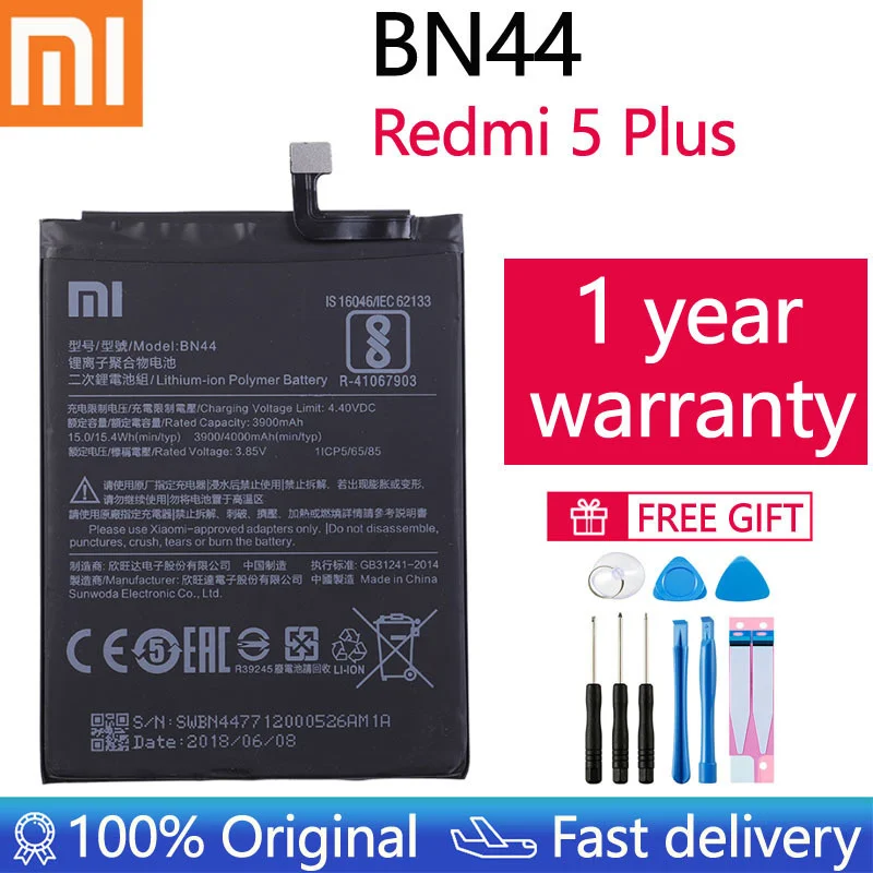

2021 Years 100%Original Phone BN44 For Xiaomi Redmi 5 Plus Replacement Battery 4000mAh WithFree Tools