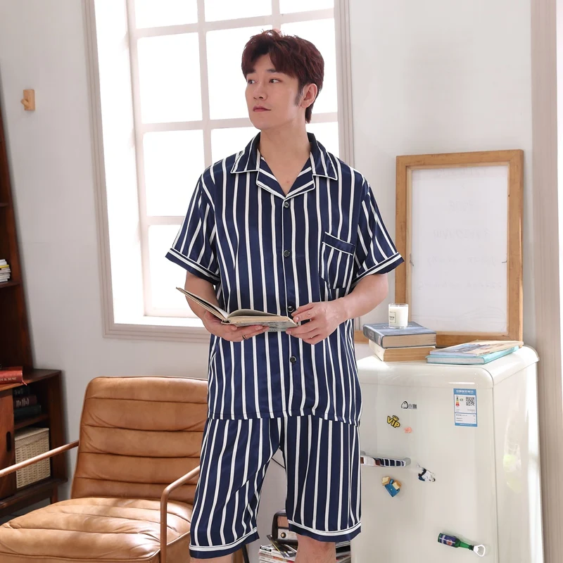 

2022 Summer Short Sleeve Casual Striped Silk Satin Pajama Sets for Men Korean Sleepwear Suit Pyjama Male Lounge Homewear Clothes