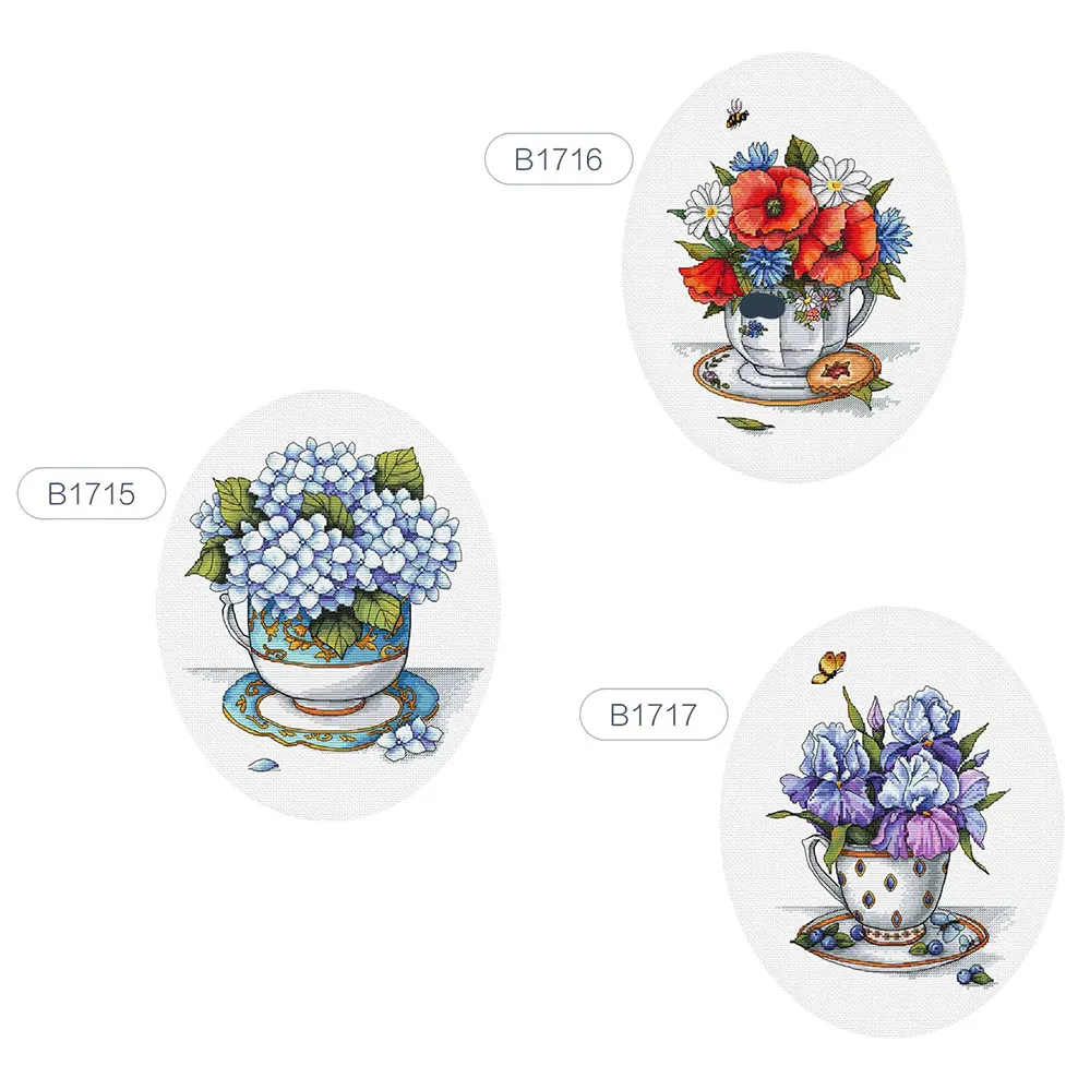 Точная печать политых ручной вышивки B1715-1717 Teacup And Hydrangea Iris Fishxx Набор для крестиком