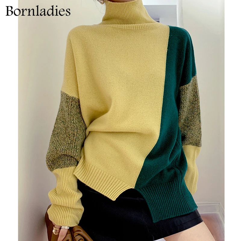 

Bornladies 2022 Autumn Winter Loose Color Contrast Pullover Basic Warm Sweater for Women Soft Kniited O Neck Sweater Women Pull