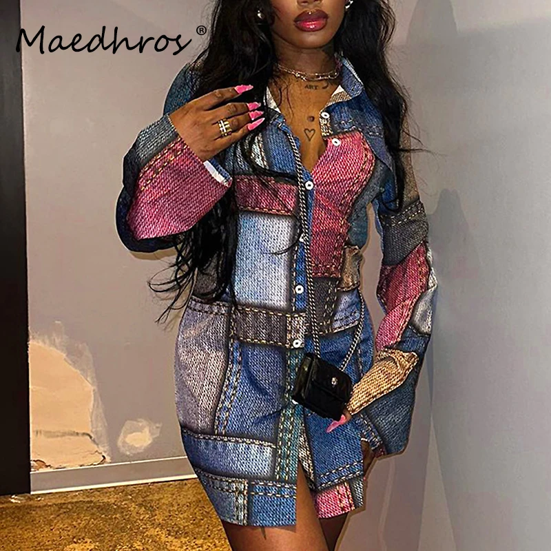 

Denim Print Turndown Collar Long Sleeve Buttons Women Sexy Mini Shirt Dress Fall Female Birthday Party Elegant Dress Y2K Outfit