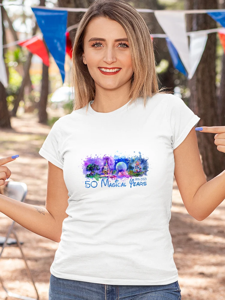 

Aesthetic Disney World Graphic Women T Shirt Summer New Products 50 Magical Years Letter Minimalist High Quality Female T-Shirt