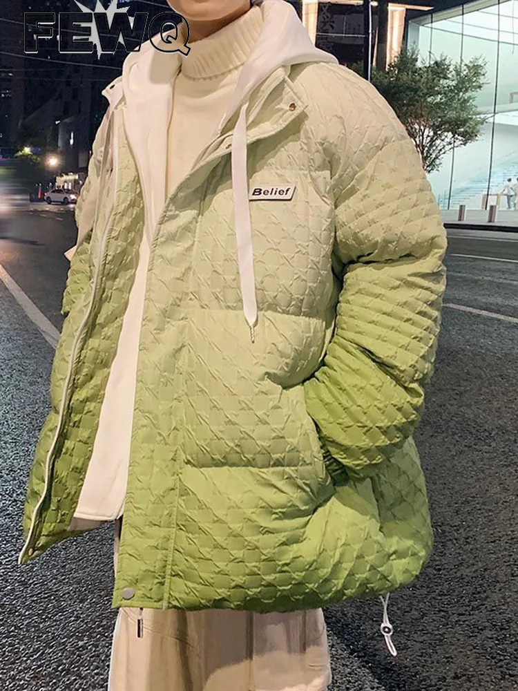 

FEWQ Winter Male Padded Cotton Jackets New Tide Chic Men's Gradual Color Hooded Short Parkas High Street Down Coat 12A5640