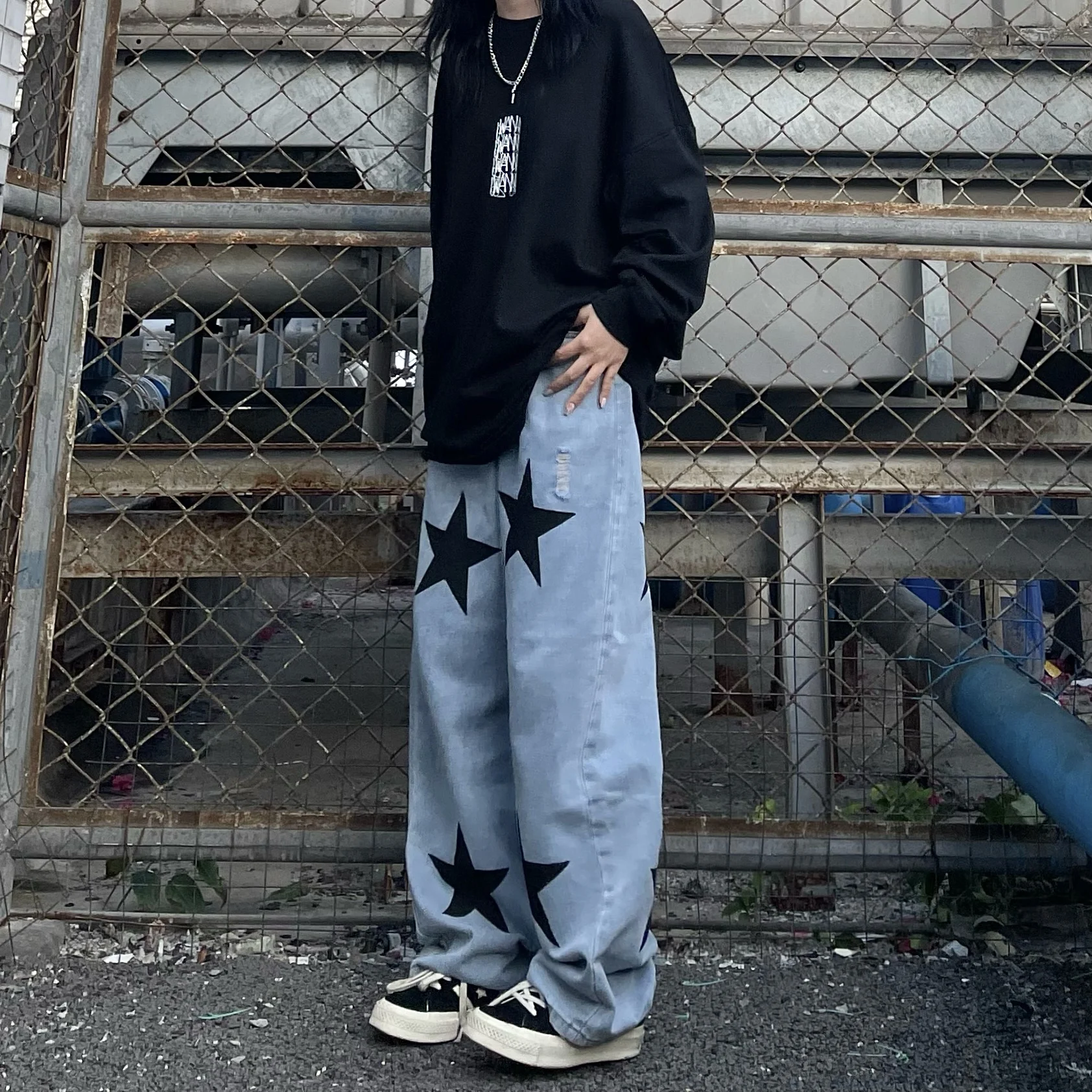 Black Stars Printed Jeans Men's 2023 Fashion Design Casual Loose Straight Pants Male Clothing