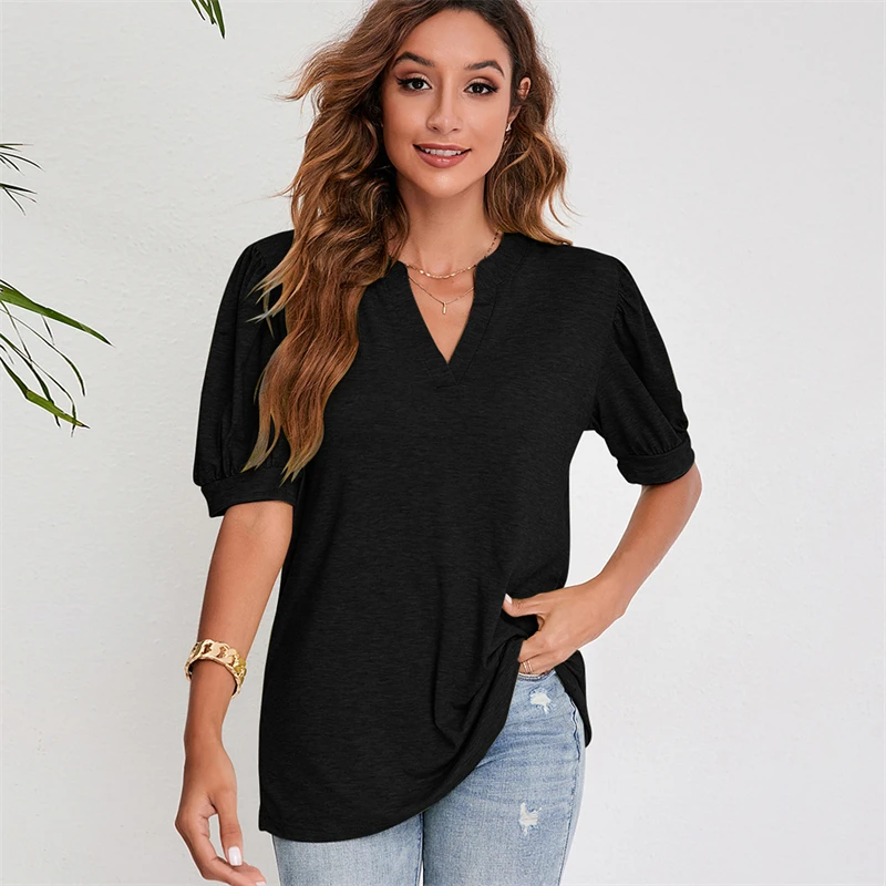 Women's T-Shirt Fashion Summer Simple Tee Casual V-Neck Short Sleeve Tops Ladies Solid Loose Comfortable T-Shirts Woman Clothing