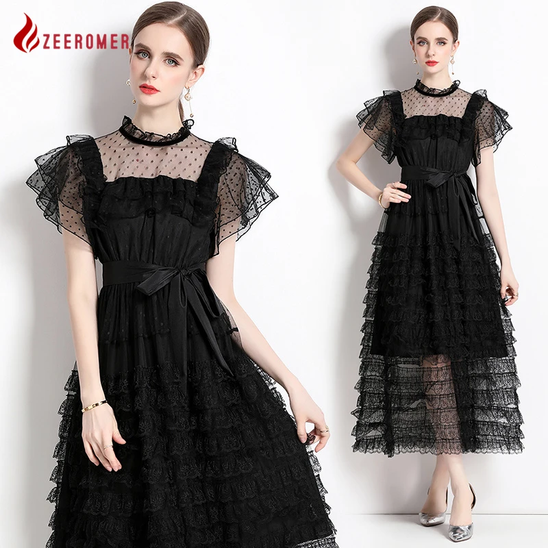 Summer Fashion Runway Black Mesh Lace Cake Long Dress Women Vintage Elegant Butterfly Sleeve Stand Collar Lace-up Party Dress