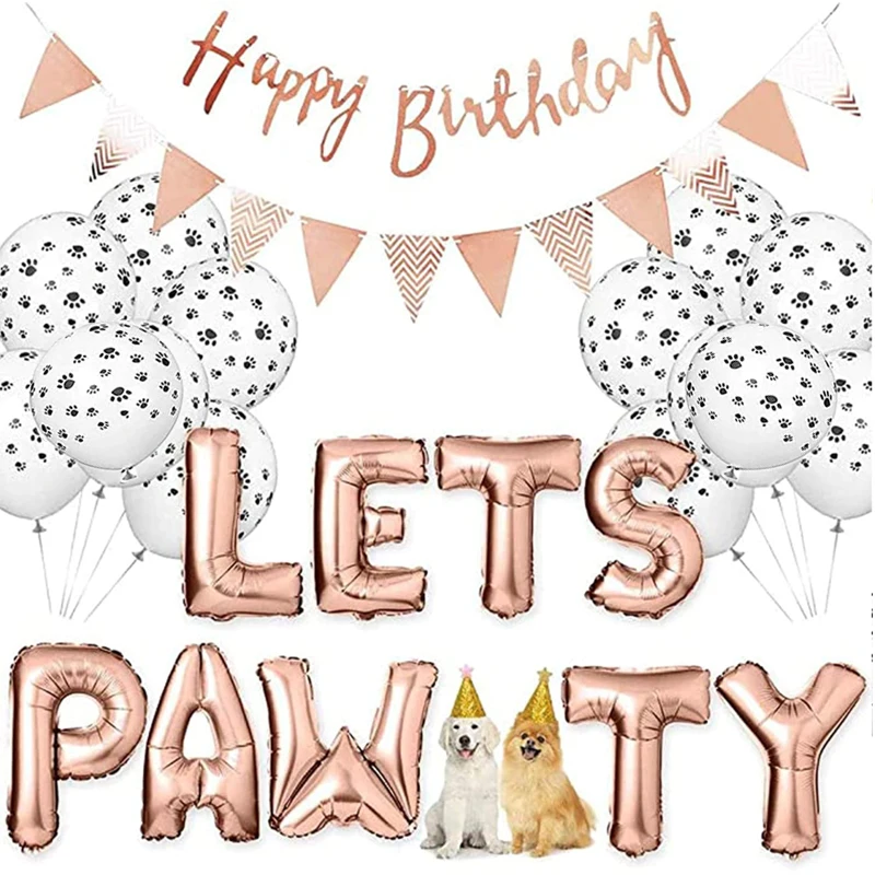 

Dog Birthday Party Supplies Dog Paw Print Balloons Cat Birthday Hat Happy Birthday Banner Foil Balloons Lets Pawty Letters Ballo