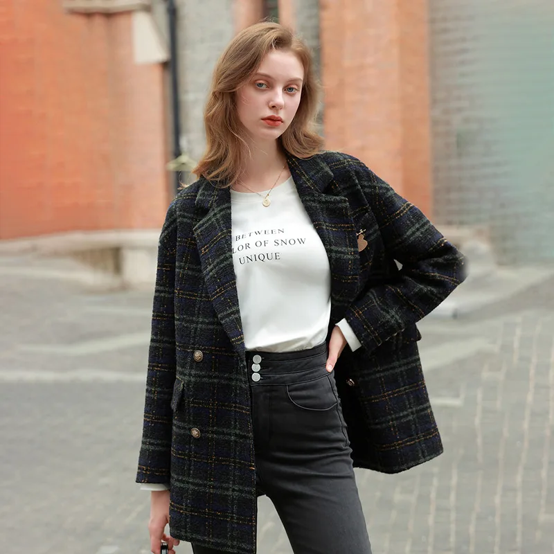

Autumn new college style suit collar medium-length plaid tweed coat