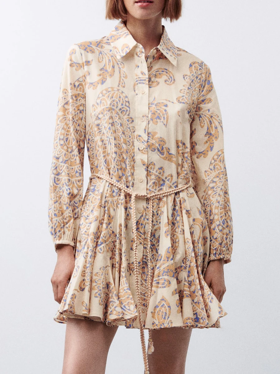 

Платье-рубашка женское с цветочным принтом, мини-платье с отложным воротником, длинным рукавом, на завязках, на пуговицах, уличная мода, платье во французском стиле