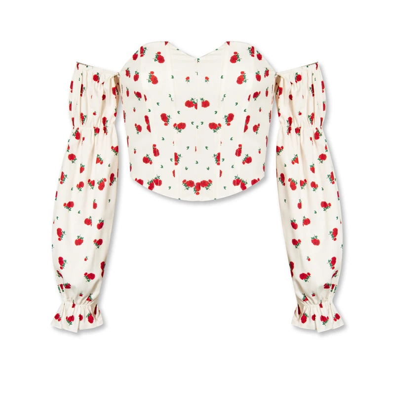 

Summer Women's Casual Printed Off Shoulder Long Sleeve Slim Fit Cropped Shirt