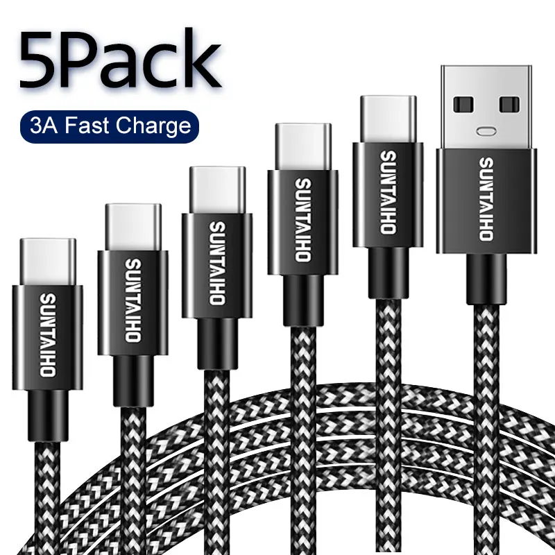 

5Pack USB Type C Cable for Samsung S21 Ultra S10 Plus Redmi Note9 Fast Charging Wire Cord USBC Charger Mobile Phone Type C Cable
