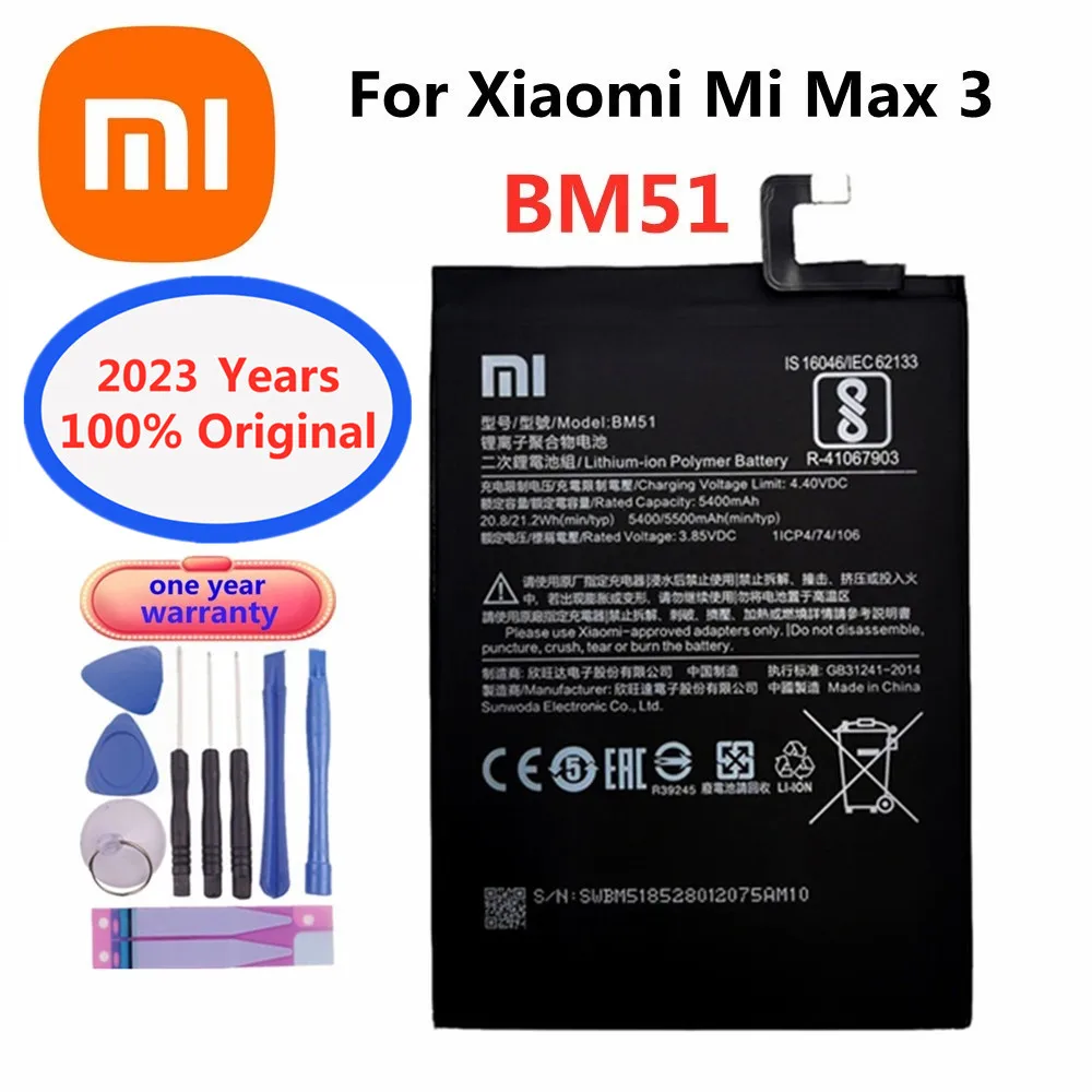 

Оригинальный аккумулятор Xiao mi 2023 на 100% лет для Xiaomi Mi Max 3 Max3 BM51 5500 мАч высококачественные сменные батареи для телефона + Инструменты