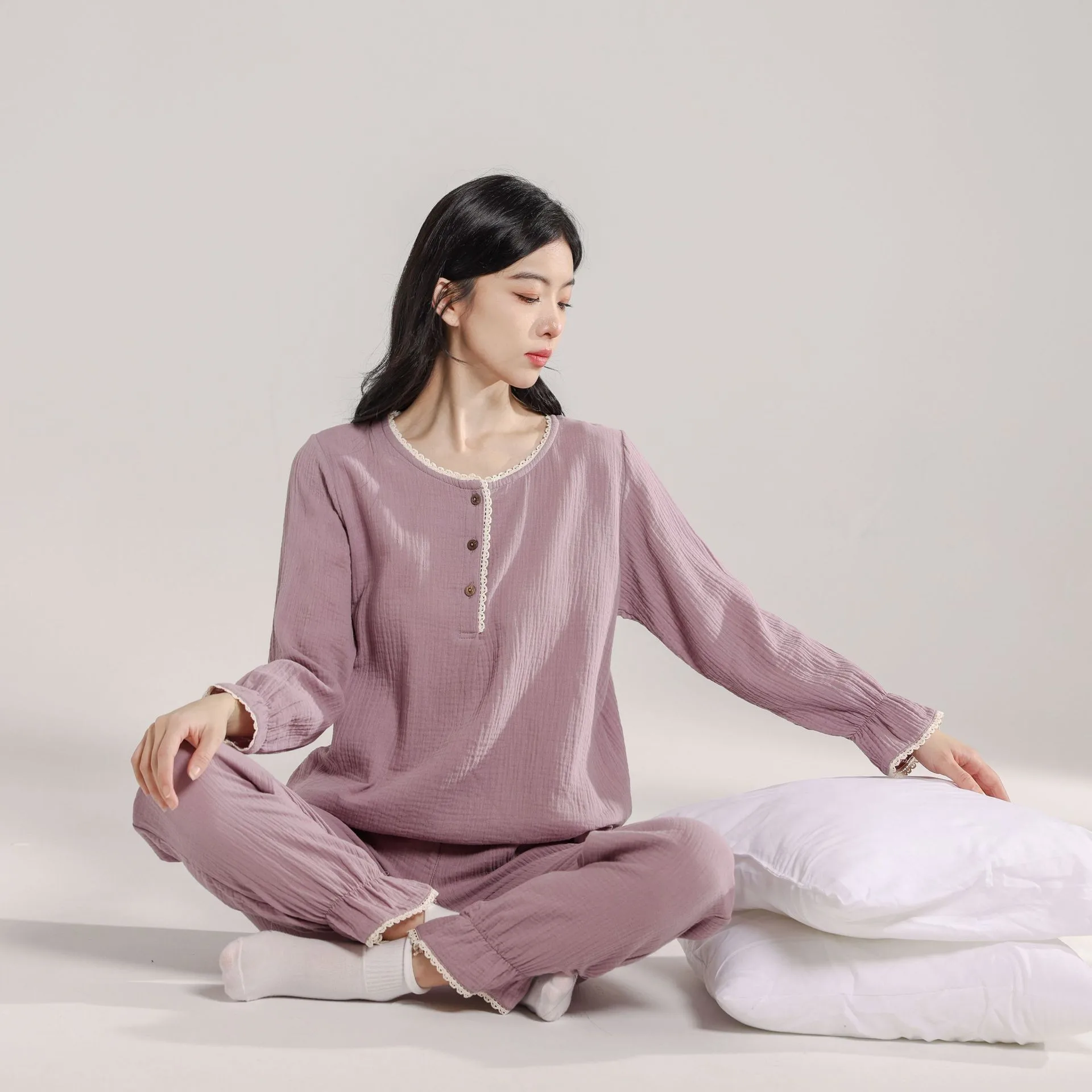 

Japanese Style Spring New Cotton Gauze Pajamas Suit Women Loose Four Seasons Long-sleeved Trousers Home Service Casual Female