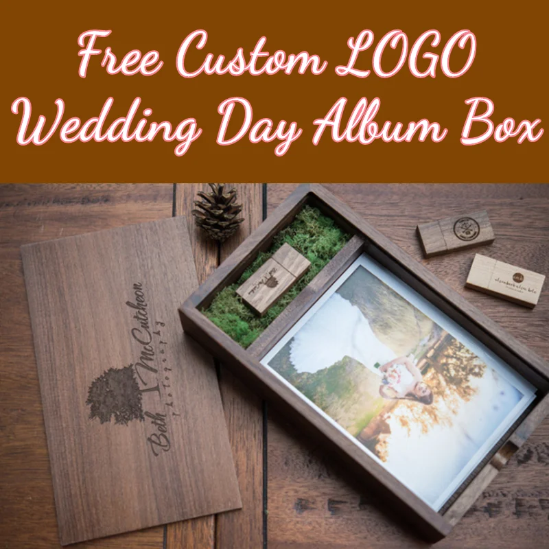 4PCS/lot Free Custom Wedding Day LOGO Walnut Photo Album Box(25*15.5*3.5cm) and USB2.0 Flash Drive 4GB 8GB Memory Stick