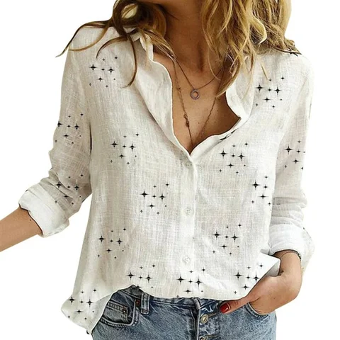 Retro Stars Printed Long Sleeve Shirt White Pink Turn Down Collar Button Up Loose White Tops Casual Women Blouses Blusas Mujer