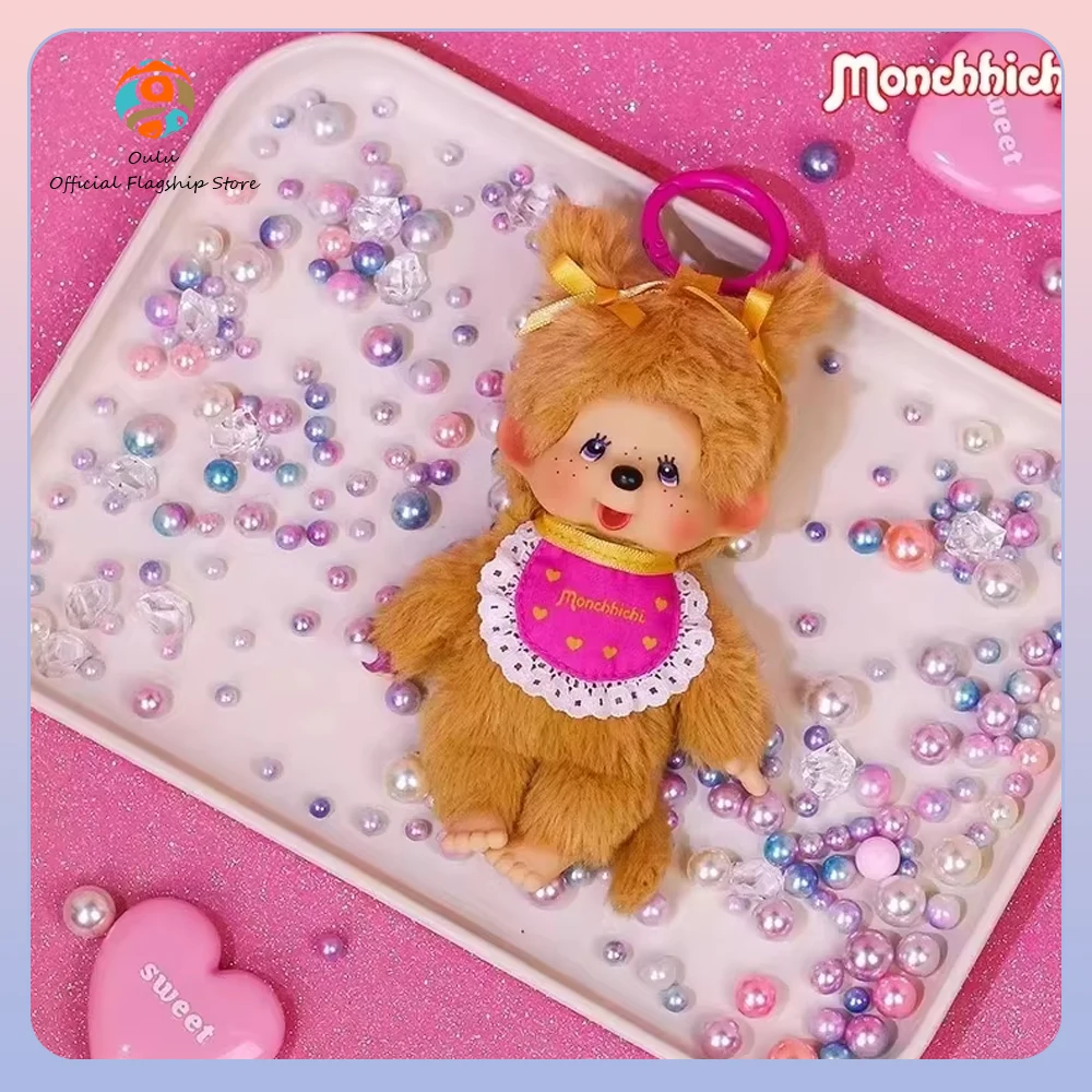 Фото Новая оригинальная плюшевая фигурка Monchhichi: Золотистый ретривер с банданой в форме сердца и косичками, мягкая плюшевая кукла, подарок, игрушка, брелок №1