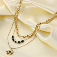 yw gairu retro memorial gold sun stainless steel pendant summer black beads three tier woman necklace y2k jewelry charms gift