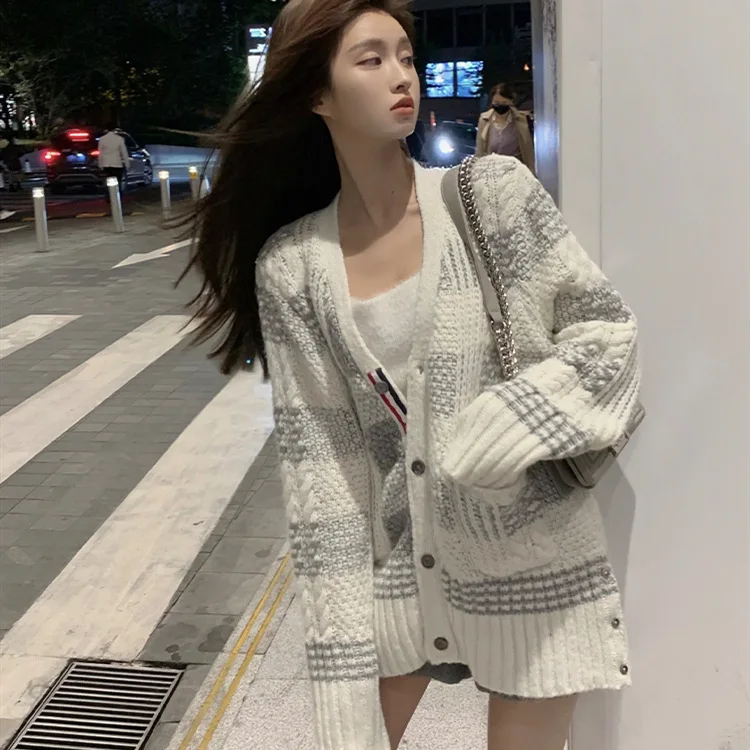 High Quality Korean Style TB Heavy Industry Hit Color Plaid Sweater Coat Female Loose Thin Top Ins Casual Knitted Cardigan Trend