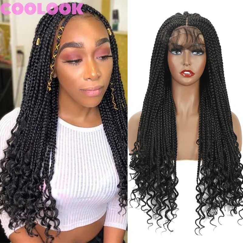 20''natural Black Box Braided Lace Front Wig Box Braids Brown Wig Curly Ends Synthetic Ombre Red 4x4 Lace Wigs for Women Cosplay