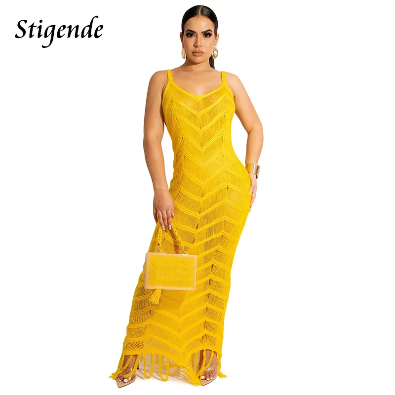 

Stigende Women Beach Cover Up Dress Tunic Hollow Out Long Tassel Dress Crochet Knitted Summer Swimwear See Through Sexy Sundress