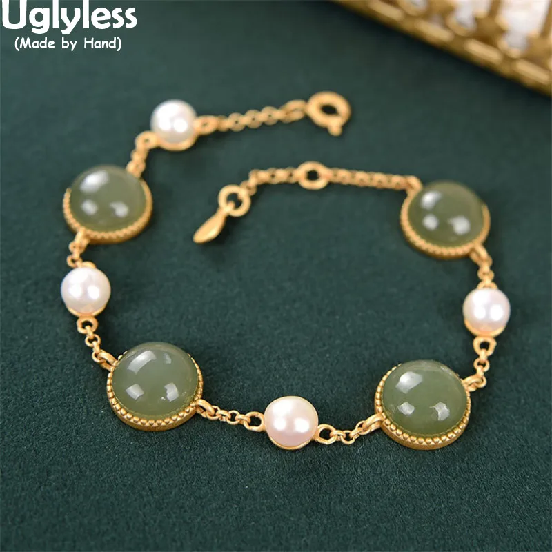 

Uglyless Perfect Round Natural Pearls Jade Bracelets for Women Simple Fashion Gemstones Fine Jewelry 925 Silver Bracelets Pearls