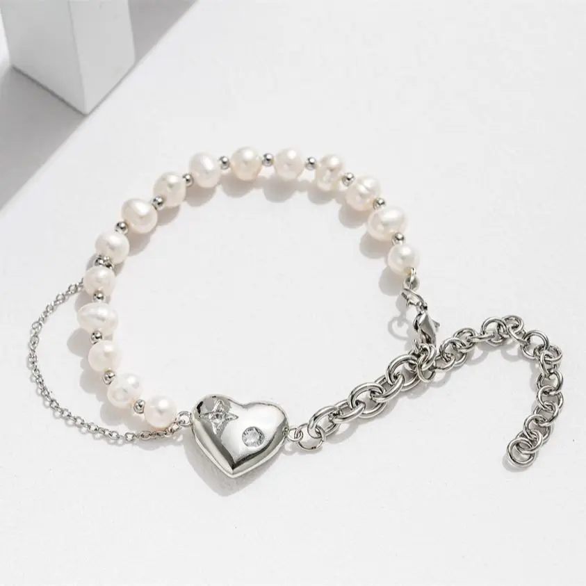 

Handmade Silver Color Love Pearl Bracelet Bangle For Women Girls Fashion Star Heart Chain Bracelets Jewelry Party Gift