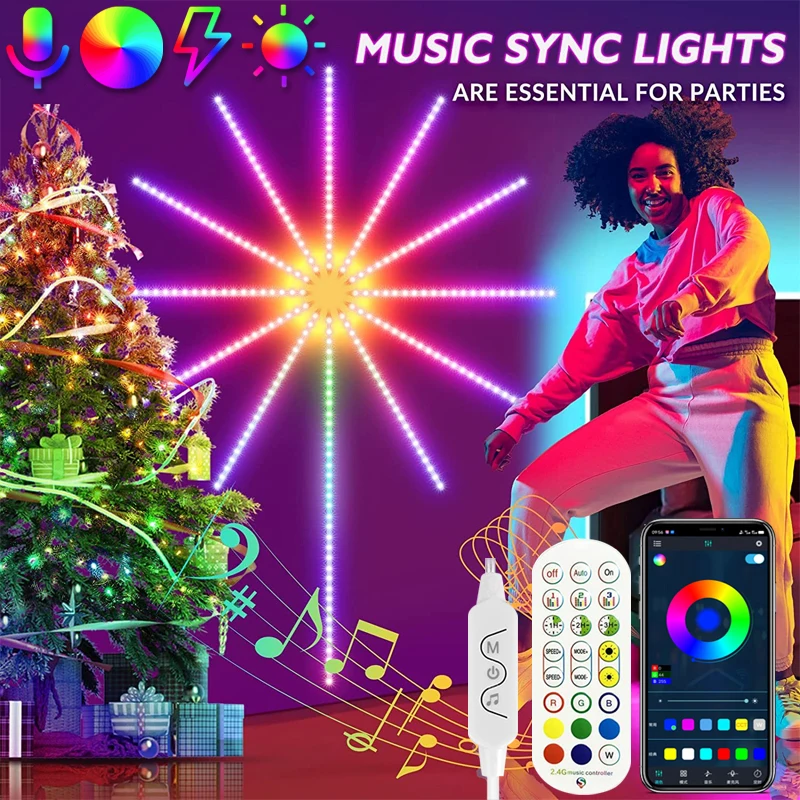 

RGB фейерверк Ночная лампа Светодиодная лента с дистанционным управлением Bluetooth гирлянда лампа с волшебным цветом музыкальная атмосфера для...