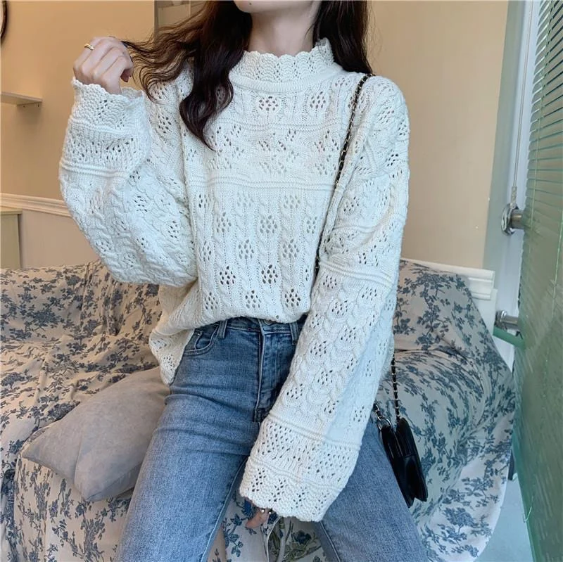 

Vintage Sweaters Women Half Turtleneck Loose Hollow Out Pullovers Woman Clothes Knitted Sueter