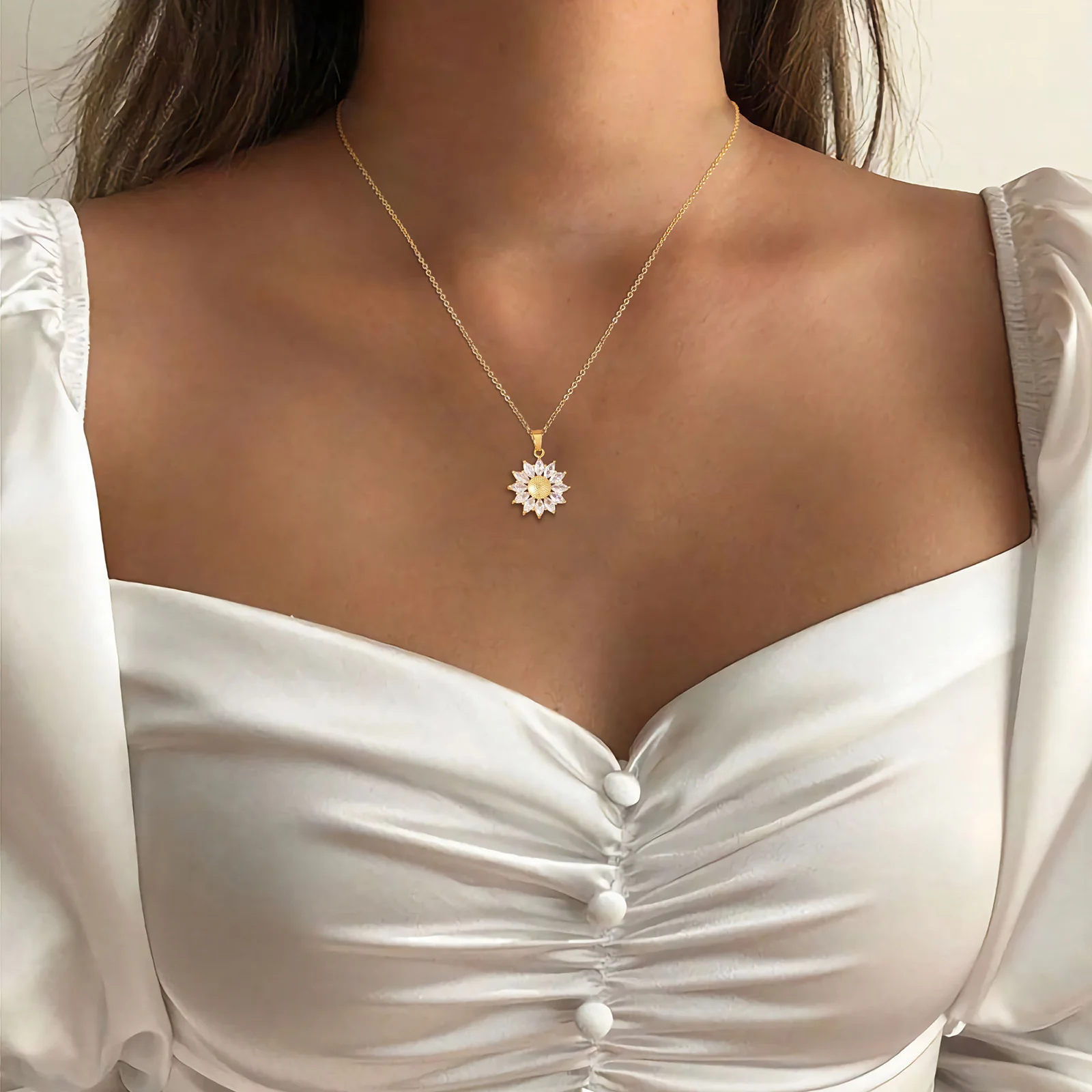 

New In Fashion Necklaces For Women, Gold Color Stainless Steel Inlays AAA cubic zirconia solar flower Pendant Necklace Jewelry