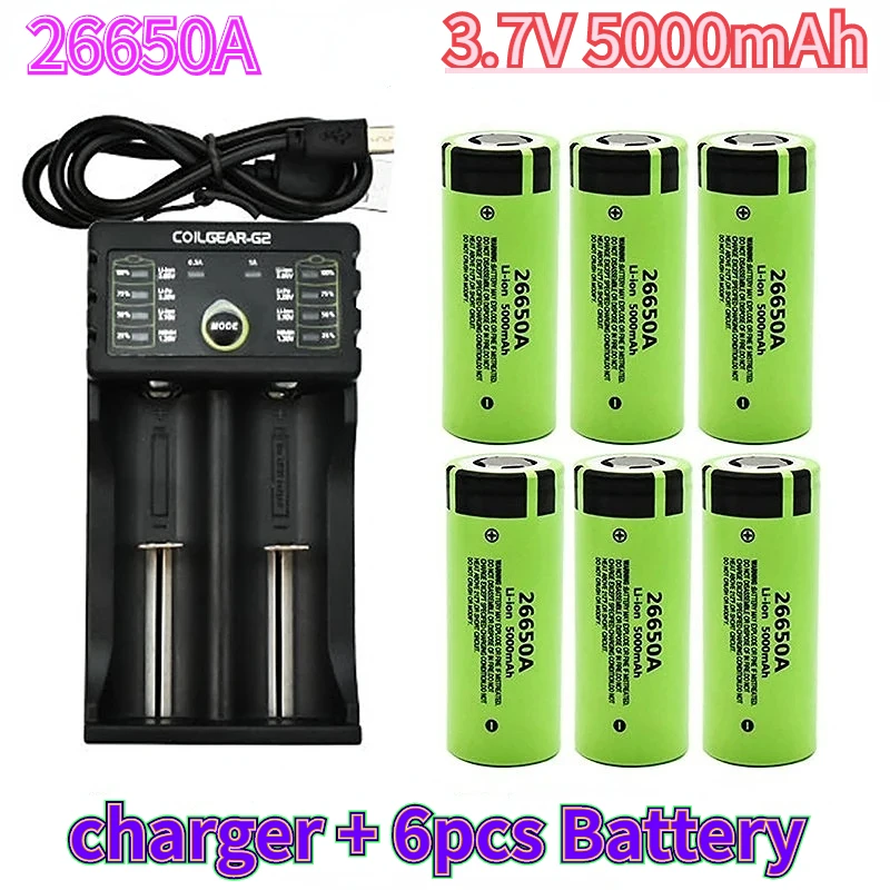 

100% New Original high quality 26650 battery 5000mAh 3.7V 50A lithium ion rechargeable battery for 26650A LED flashlight+charger