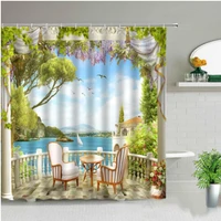 flowers arch bridge scape shower curtain green tree leaves floral seagull lake scenery waterproof bath curtains bathroom decor