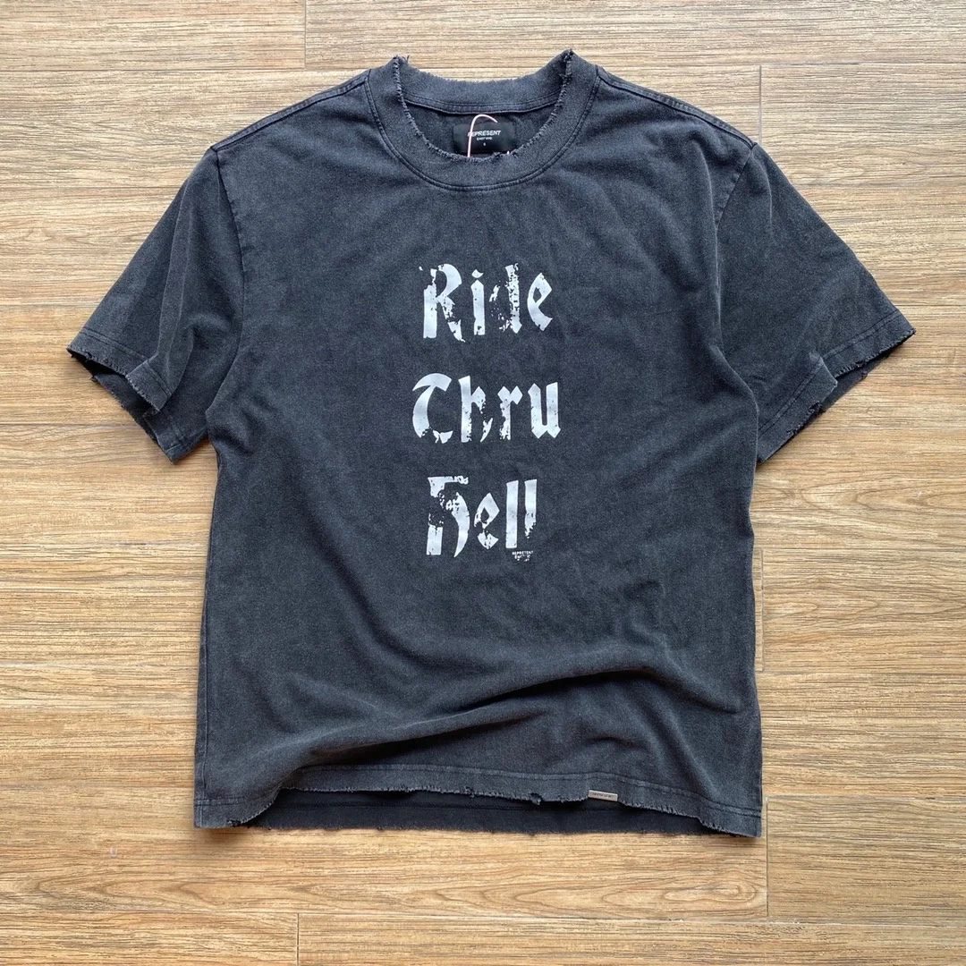 

2022SS Motorcycle Spirit Print Represent T-shirt Washed Represent T Shirt Men Women 1:1 High Quality Vintage Top Tees