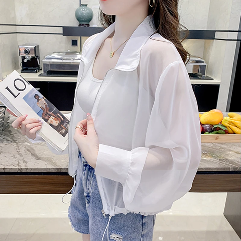 

Causal Loose Sunscreen Cardigan Shirt Women Tops Summer New Breathable Fashion Zipper Thin Short Coat Solid Color Clothes 27414