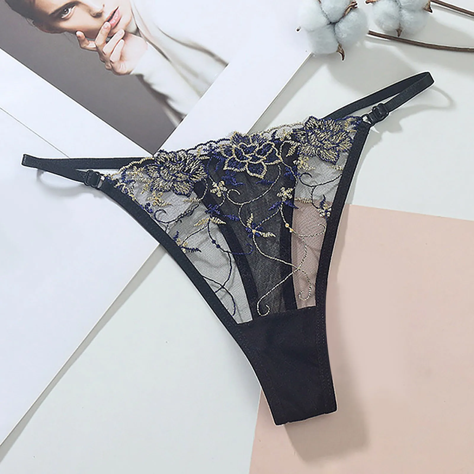 

Female Sexy Mesh Thongs Transparent Floral Embroidery G-String See Throught T Pants Thin Breathable Lingerie Erotic Cueca