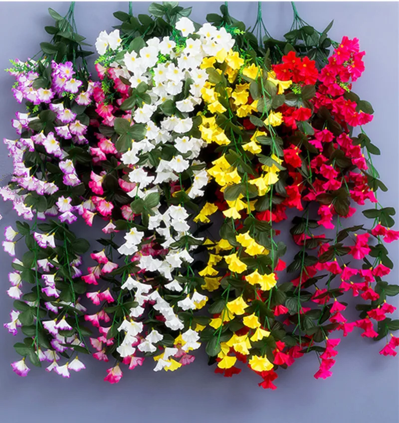 

One Silk Morning Glory Hanging Flower Artificial Trumpet Blossom Strings for Wedding Home Party Green Wall Floral Arrangement