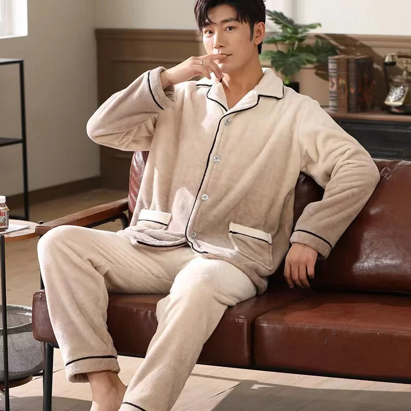 Winter Thick Warm Pajamas Sets Men Turn-Down Collar Flannel 2 Piece /Set Coral Velvet Pyjamas Suits Long Sleeve Trousers Lou