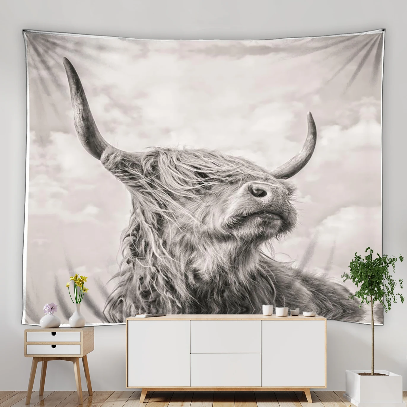 

Highland Cow Cattle Tapestry Wall Hanging Fabric Black White Photography Longhorn Animal Living Room Bedroom Home Decor Artistic