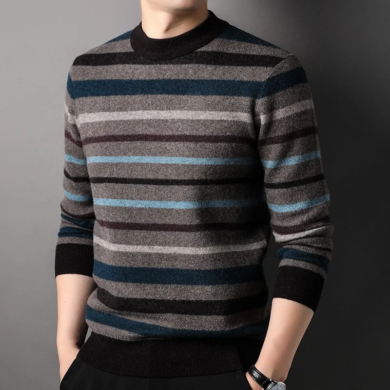 Trend men half high collar striped woolen sweater autumn winter thick warm bottom woolen sweater men