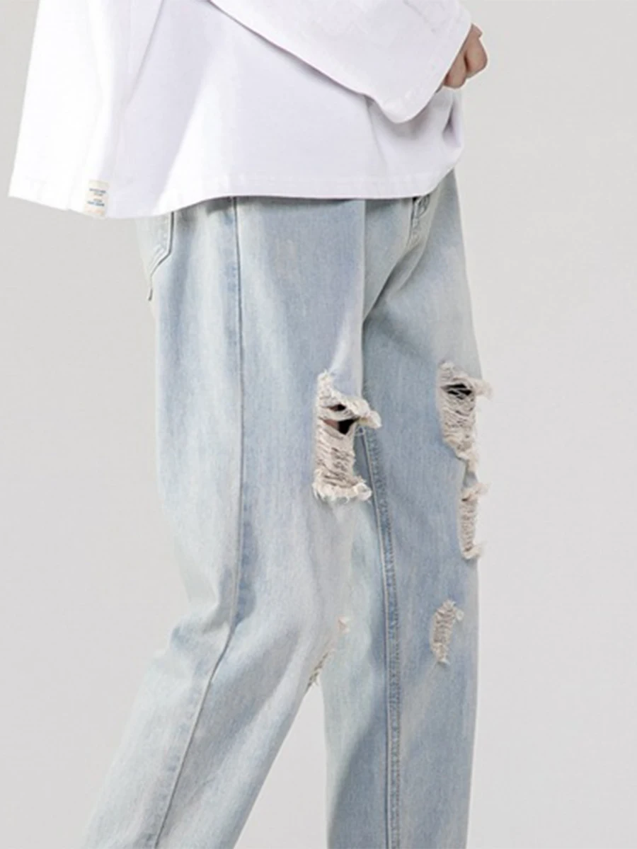 Spring and Autumn Korean Version Men's Ripped Straight Jeans Casual Nine-point Pants Fashion Streetwear Men's Ins Hot Sale JEANS