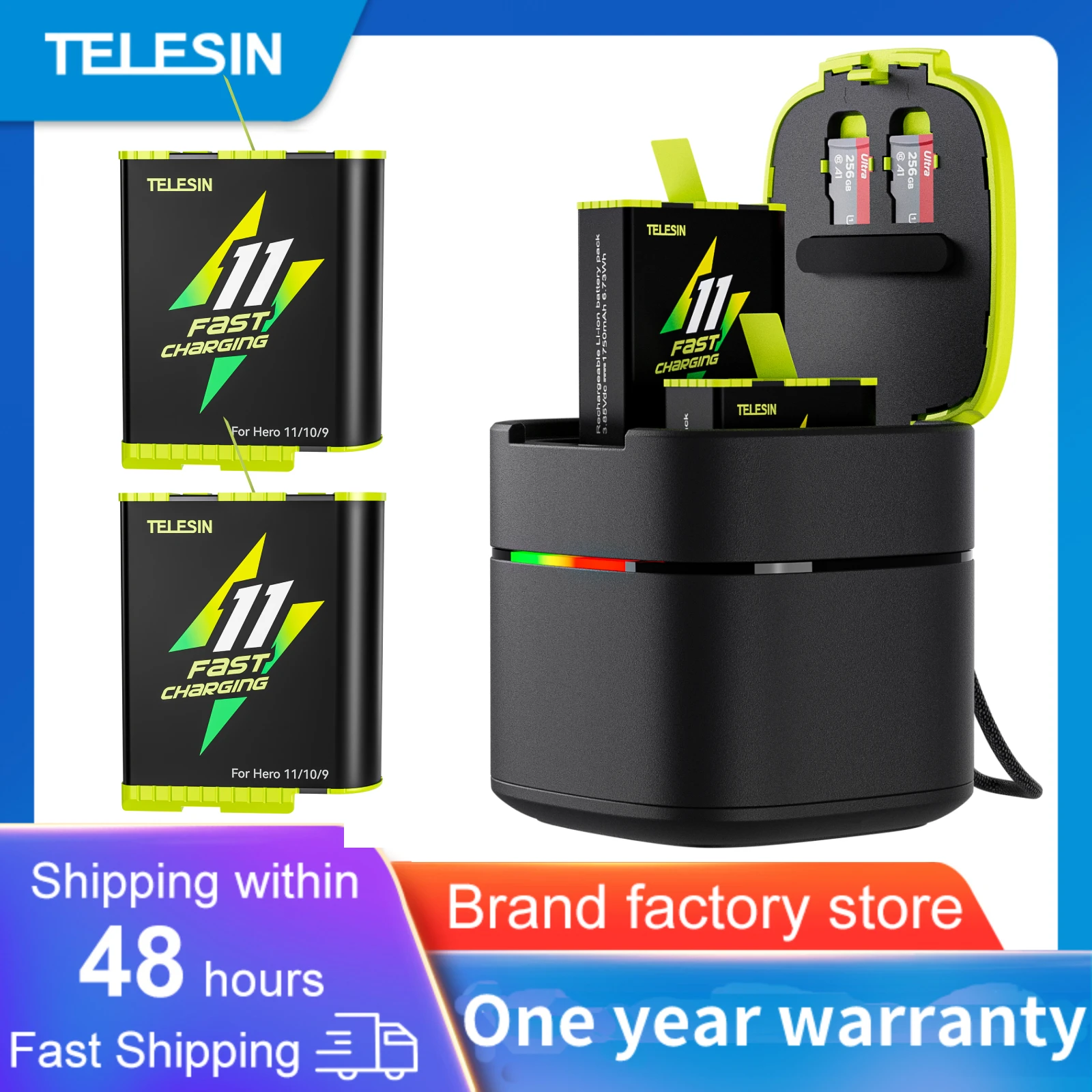 TELESIN Fast Charging Battery For GoPro 11 Hero 11 10 9 1750 mAh Battery 2 Ways Fast Charger Box TF Card Storage For GoPro11 10